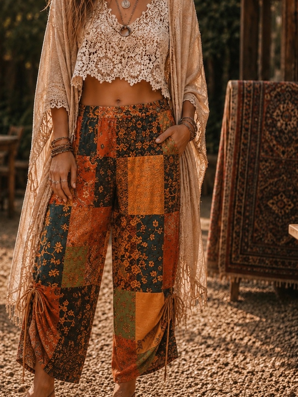 POL M Patchwork Boho Joggers - Green, Yellow, Orange, Black - Picture 2 of 7